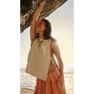 FP Beach Lizzie Sweater Side Tie Tank Top Cream Rib Knit Women's Small Boho
